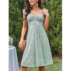 FENSACE Spring Dresses for Women Sweetheart Floral Cottagecore Sundress(Green Floral,Medium)
