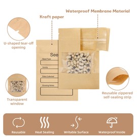 Yelofesh 100 Pack Small Resealable Seed Envelopes with Clear Window, 3.15 x 4.72 Inch Brown Kraft Paper Seed Packets Envelopes with Preprinted Seed Collecting Template for Seed Storage, Seed Organizer
