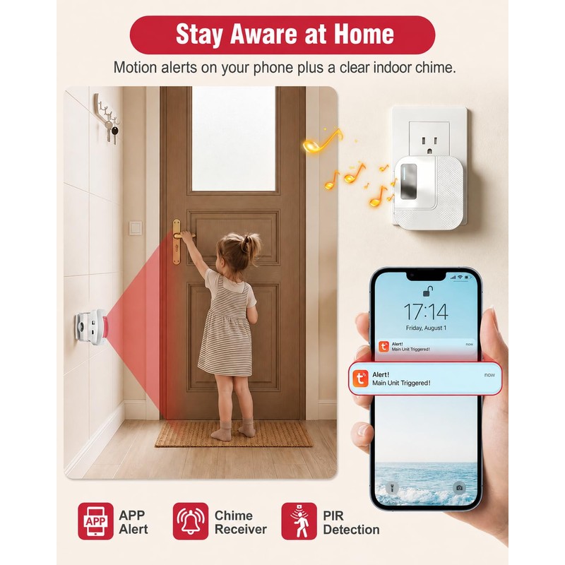 CallToU Wi-Fi Motion Sensor Door Chime, Smart Door Entry Alert