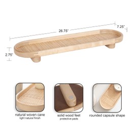 Kate and Laurel Planche Decorative Capsule Woven Tray with Solid Wood Frame, 27 x 8, Natural Brown, Modern Slim Wood Rectangle Serving Tray for Living Room