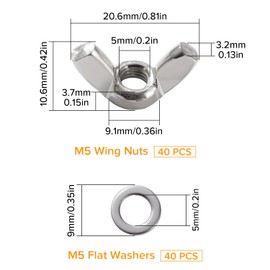Lyeteung 40 pieces M5 wing nut, stainless steel wing groove, metric wing nut, with 40 pieces washers, for DIY tools, electronic devices hardware