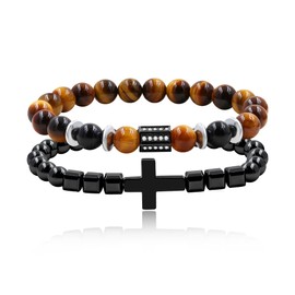 JunyiDIY Cross Charm Black Agate Bracelet and Tiger Eye Bracelet Set for Men, Natural Good Luck Protection Jewelry for Dad Father's Day Thanksgiving Gift YS5499