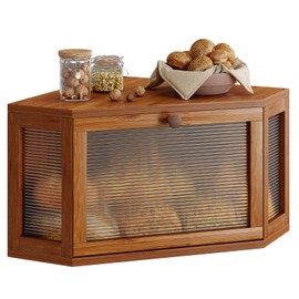 WOWLIVE Corner Bread Box for Kitchen Countertop, Bamboo Bread Storage Container, Large Farmhouse Bread Holder with Acrylic Wavy Door Panel, Multi-functional Container, Caramel