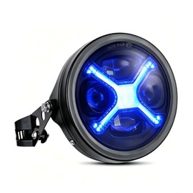PKEDUO - 5-3/4 5.75" Faro de motocicleta con carcasa cubo humo X-Style AZUL DRL | Compatible con motos Shadow Buell Blast Cafe Racer Crui...