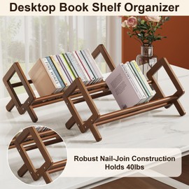 Aofure Premium Desktop Bookshelf, Bamboo Desk Bookshelf, Retro Brown Book Rack Shelf Organizer, Stable Bookshelves Storage, Tabletop Large Magazine Holder Racks for Magazines, Books, Files