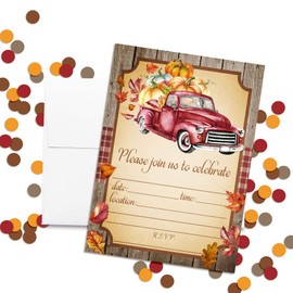 Red Watercolor Pickup Truck With Pumpkins Autumn Leaves Fall Party Invitations, 20 5"x7" Fill In Cards with Twenty White Envelopes by AmandaCreation