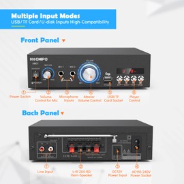 NEOHIPO Bluetooth Audio Amplifier, 2.0 Channel Hi-Fi Karaoke Amp 300W Peak Power Stereo Receiver for Home Passive Speakers, with RCA, BT, FM, USB, TF Card, 2 Micphones input and Remote Control AM01