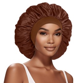 Extra Large Satin Bonnet Hair Cap, 17inches Silk Bonnet for Sleeping, Jumbo Silk Sleep Shower Cap for Women Braids Curly Hair Locs 1Pcs (Brown)