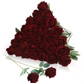 30 piezas de rosas artificiales de seda con tallos largos para ramo de boda, despedida de soltera, fiesta, decoración del hogar (Rojo Vino)