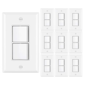 [10 Pack] BESTTEN Double Light Switch, Single Pole, Combination Decorator On/Off Interrupters, 15A 120V, Dual Paddle Rockers, Wallplate Included, White
