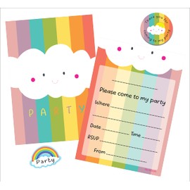 12 x Rainbow Birthday Party Invitations includes Rainbow Envelope Seals, Thank You for Coming to my Party" Stickers and Kraft Envelopes