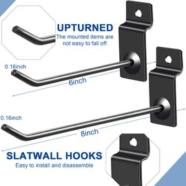 Moxweyeni 100 Pack Slatwall Hooks Panel Display Hooks Slat Board Peg Accessories Heavy Duty Hanging Shelf Brackets Metal Hangers for Garage Shop Retail Display(6 and 8 Inch,Black)