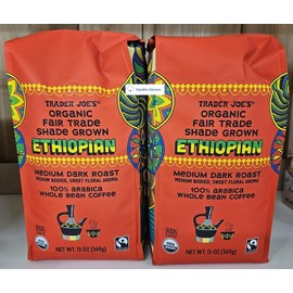 Trader Joe's Organic Fair Trade Shade Grown Ethiopian Medium Dark Roast Whole Bean Coffee 13oz 369g (Two Bags)