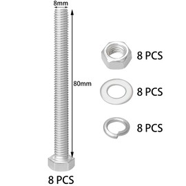 8 Sets of Hex Bolts with Nuts and Washers,304 Stainless Steel M8 Nut and Bolt Combination Kit (M8 x 80mm)
