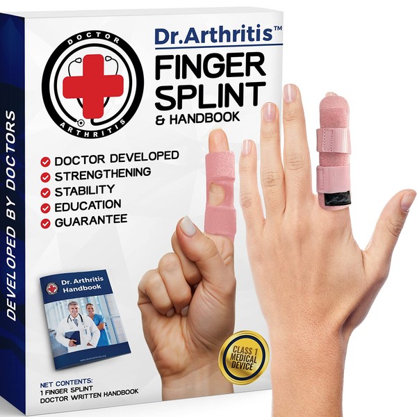 DOCTOR ARTHRITIS Developed Finger Splint and Handbook [1-Piece] Trigger Finger Brace - Braces, Splints & Supports Index, Middle, Ring & Pinky Finger - Padded Finger Splints for Straightening Pink, S/M