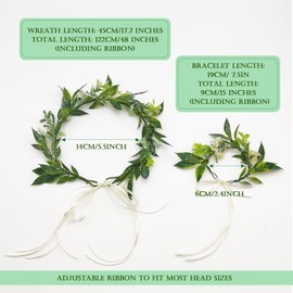 MIVAIUN Green Flower Crown and Bracelets Eucalyptus Crown Garland Headpiece with Ribbon Adjustable Wreath Leaf Floral Festival Boho Wedding Suitable for Children Women