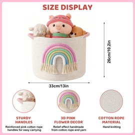 Toy Storage Baskets Woven Cotton Rope Storage Basket with 3D Rainbow Decor for Kids Multifunctional Blanket Baskets for Living Room Toys Organizer with Handle for Gifts Girls Baby Hamper Nursery