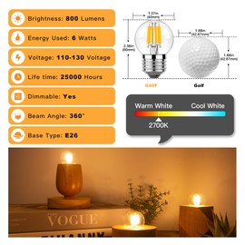 Sphoon Dimmable LED 6W Small Light Bulb, E26 G40 Globe Mini Edison Lights Bulb for Wall Sconce,Ceiling Fan, Bedside Accent, Soft Warm White 2700K, 800 Lumen,60W Equivalent,Pack of 4