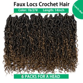 Faux Locs Crochet Hair 14 Inch Ombre Goddess Locs Crochet Hair for Women Soft River Locs Curly Pre Looped Crochet Braids with Curly Ends Boho Hippie Locs Synthetic Hair Extensions(6 packs, #1b/27)