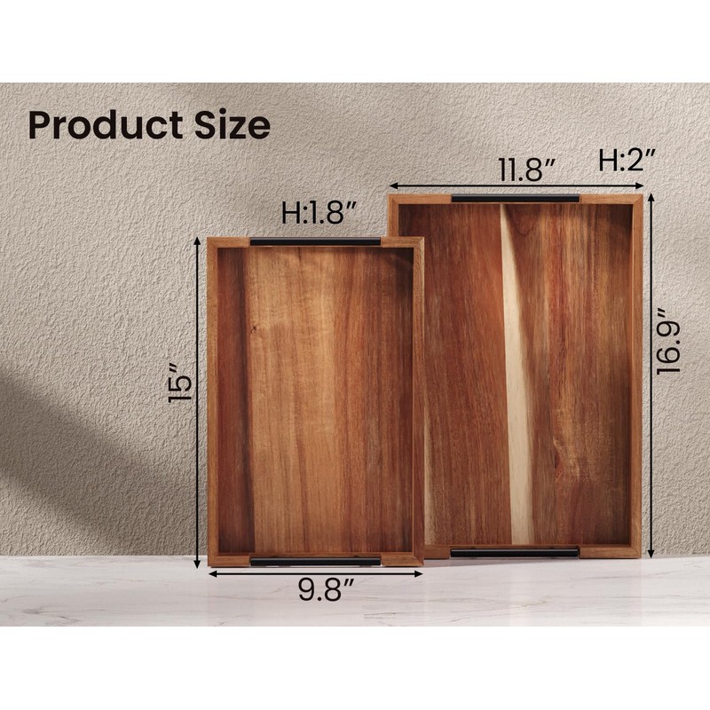 Fibogollo Acacia Wood Set of 2 Serving Tray with Metal