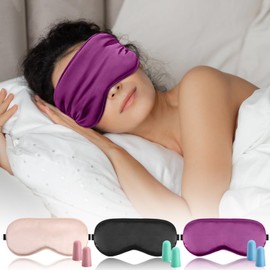 FlyCoco 3PCS Silk Eye Mask for Sleeping, Soft Comfortable Sleep Masks with Adjustable Strap and Earplug, Light Blocking Night Masks, Eyes Covers for Aldult Women Men Travel Airplane, Pink+Black+Purple