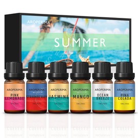 AROPERIMA Summer Fragrance Essential Oil Set - Pink Lemonade, Strawberry, Jasmine, Mango, Ocean Breeze, Pina Colada 6x10ML for Diffusers, Aromatherapy, Massage, Perfume, Soap Making and Candle