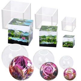 Voaesdk 6 Pcs Clear Resin Molds Silicone Set, Transparent Seamless Sphere and Deep Cube Silicone Moulds, Large Ball Square Epoxy Resin Molds for Flowers Preservation Home Decor