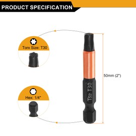 HARFINGTON T30 Torx Head Screwdriver Bit 2" (50mm) Long 1/4" Hex Shank Magnetic No Hole Tamper Proof 6 Point Star Screw Driver Drill Bits Phosphate S2 Steel Industrial Power Tools
