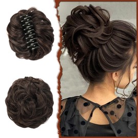 SOFEIYAN Claw Clip Messy Bun Hair Piece Wavy Curly Hair Bun Clip in Claw Chignon Ponytail Hairpieces Synthetic Tousled Updo Hair Extensions Scrunchie Hairpiece for Women, Darkest Brown/Dark Auburn Mix