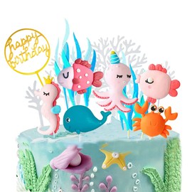 Morofme Decoración para tartas de mar, 12 piezas para decoración de tartas de cumpleaños con diseño de animales del océano, decoración de tartas para niños bajo el mar, océano, mundo del mar, suministros para fiestas de cumpleaños