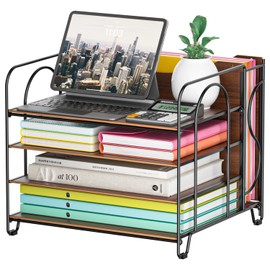 Aimeaihe Desk File Organizer, 4-Tier Desk Organizers Wood with 5 A4 File Folders, Letter Size Office Organization, Letter Paper Tray Organizer for Office, School, Home, Black