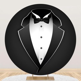 YongFoto Gentleman Black Tuxedo Round Backdrop Cover 4ft Black White Bow Tie Suit Photography Background Boy Man Father Bridegroom Birthday Wedding Baby Shower Party Dinner Decor Photo Booth Props