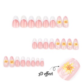 White French Tip Press on Nails Medium 3D Flower False Nails Summer Nails Sunflower Fake Nails Reusable Artificial Coffin Nails Full Cover Acrylic Nails DIY Stick on Nails Glue on Nails for Women