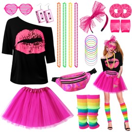 80s Fancy Dress For Women, Lip Print T-shirt, Neon Leg Warmers, Tutu Skirt, Fishnet Gloves, Glitter Waist Bag, Earrings, Bracelets, Hair Ties, Neon Costumes Accessories for Retro Theme Party Cosplay