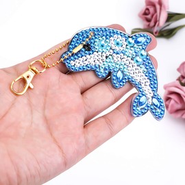 VETPW 5 Pieces 5D DIY Diamond Painting Keychain with Dolphin Design, Double-Sided DIY Full Drill Diamond Pasted Painting Keychain for Women Purse Backpack Handbag Decoration