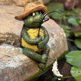 JINITAIMEI Fishing Turtle Outdoor Statue Garden Decor, Garden Tortoises Decoration Figurine, 9.7" Turtle Statue Outdor Garden Decor, Fishing Guy for Waterfalls or Koi Pond Decor, Gifts for Women