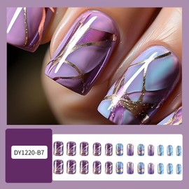 Tyuimhx Blue Purple Gradient Press on Nails Short Square Fake Nails Ombre False Nails With Gold Line Designs Glossy Full Cover Stick on Nails Acrylic Artificial Nails for Women Girls 24Pcs
