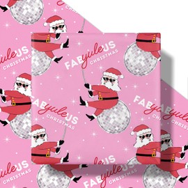 RUSPEPA Funny Santa Christmas Wrapping Paper Roll, Mini Roll, Vintage Fun Santa Claus, Disco Ball and FABYULEUS Christmas Text Design, Pink Gift Wrap for Girls Holiday Party, 17 Inches x 16.4 Feet