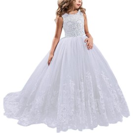 NNJXD Girls Princess Pageant Dress Kids Prom Ball Gowns Wedding Party Flower Dresses 406 White Size(140) 8-9 Years