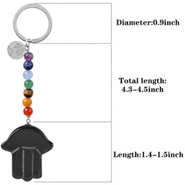 KYEYGWO Crystal Hamsa Hand of Fatima Key Ring with Tree of Life Pendant, 7 Chakra Stone Key Ring, Healing Stone, Hand Plate, Bag Pendant, Talisman Lanyard, black