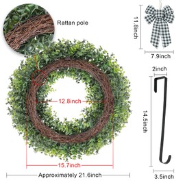 Yueyela 18inch Spring Wreath,Boxwood Wreath for Front Door 3 Bows and 1 Wreath Hanger Used in All Seasons for Front Door Back Door Indoor Outdoor Corridor (18inch)