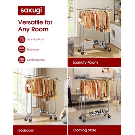 Sakugi Stainless Steel Rolling Clothes Rack with Mesh Shelf, Lockable Wheels & Anti-Slip Stoppers, Freestanding Clothing Organizer for Bedroom, Laundry Room, 43.5" x 16.5" x 65.9", Silver
