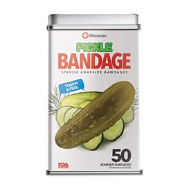 BioSwiss Kids Bandaids | 50pcs Sterile Unique Shaped Bandages Colorful Funny Cute Toddler Girls & Boys, Adults First Aid, Protect Scrapes and Cuts | Wellness for Everyone | Reusable Tin (Pickle)
