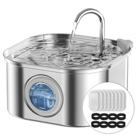 NautyPaws Cat Water Fountain Stainless Steel: 108oz/3.2L Automatic Pet Water Fountain - Dog Water Dispenser with Water Level Window - for Cats Inside with 8 Replacement Filters and 8 Sponges