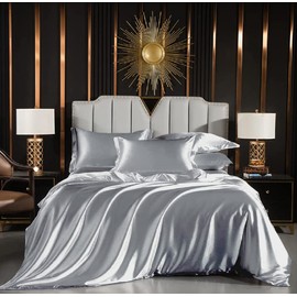 TCXZTYJH Satin Double Duvet Cover Set Grey Silk Bedding Set Ultra Soft Microfibre Plain Luxury Sexy Bed Quilt Duvet Cover 200x200 cm with Zipper Closure and 2 Pillowcases 50x75 cm