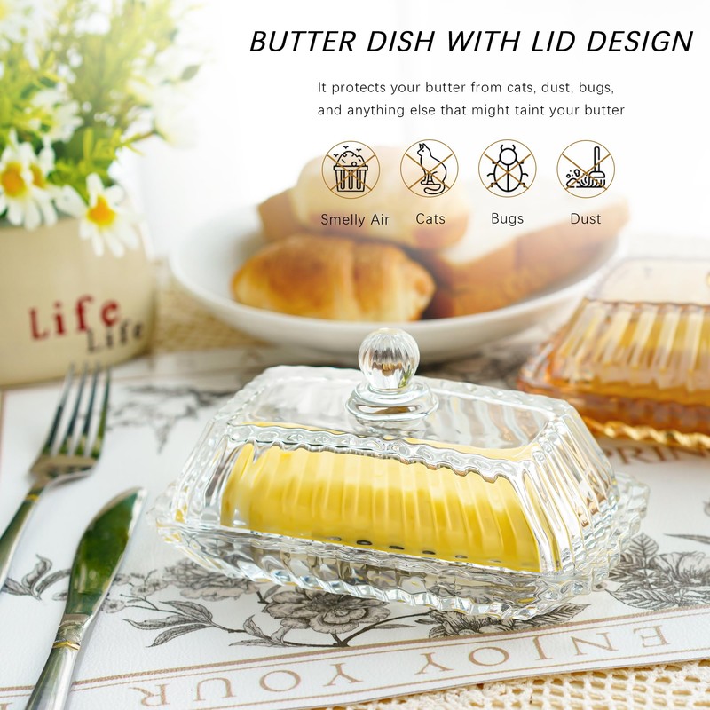 6.5'' Glass Butter Dish with Lid,Clear Classic Covered Butter Container
