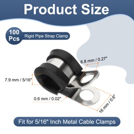 PATIKIL 5/16 Inch Cable Clamps, 100 Pcs 304 Stainless Steel Conduit Clamp Cable Rigid Pipe Strap Metal Rubber Clips for Pipes Wire Line Hose Bracket Tube Holder, Black (7.9mm)