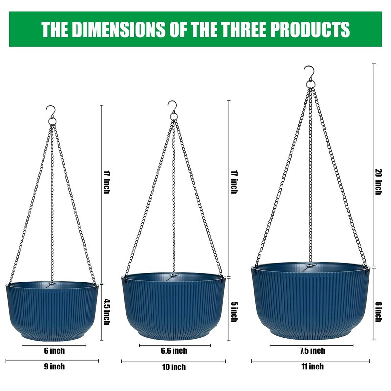 RooTrimmer Hanging Planters 9/10/11 Inch for Indoor Plants, 3 Pack