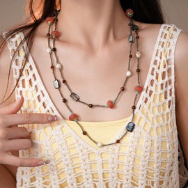 Kokoma Bohemian Long Layered Necklace for Women Shell Beaded Long Necklace Boho Vintage Necklaces for Women Summer Beach Costume Jewelry