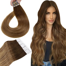 Hetto Remy Real Hair Tape-In Extensions, Ombre Dark Brown, Medium Brown to Light Brown and Darkest Blonde No. 6/8/14, 55 cm, 50 g